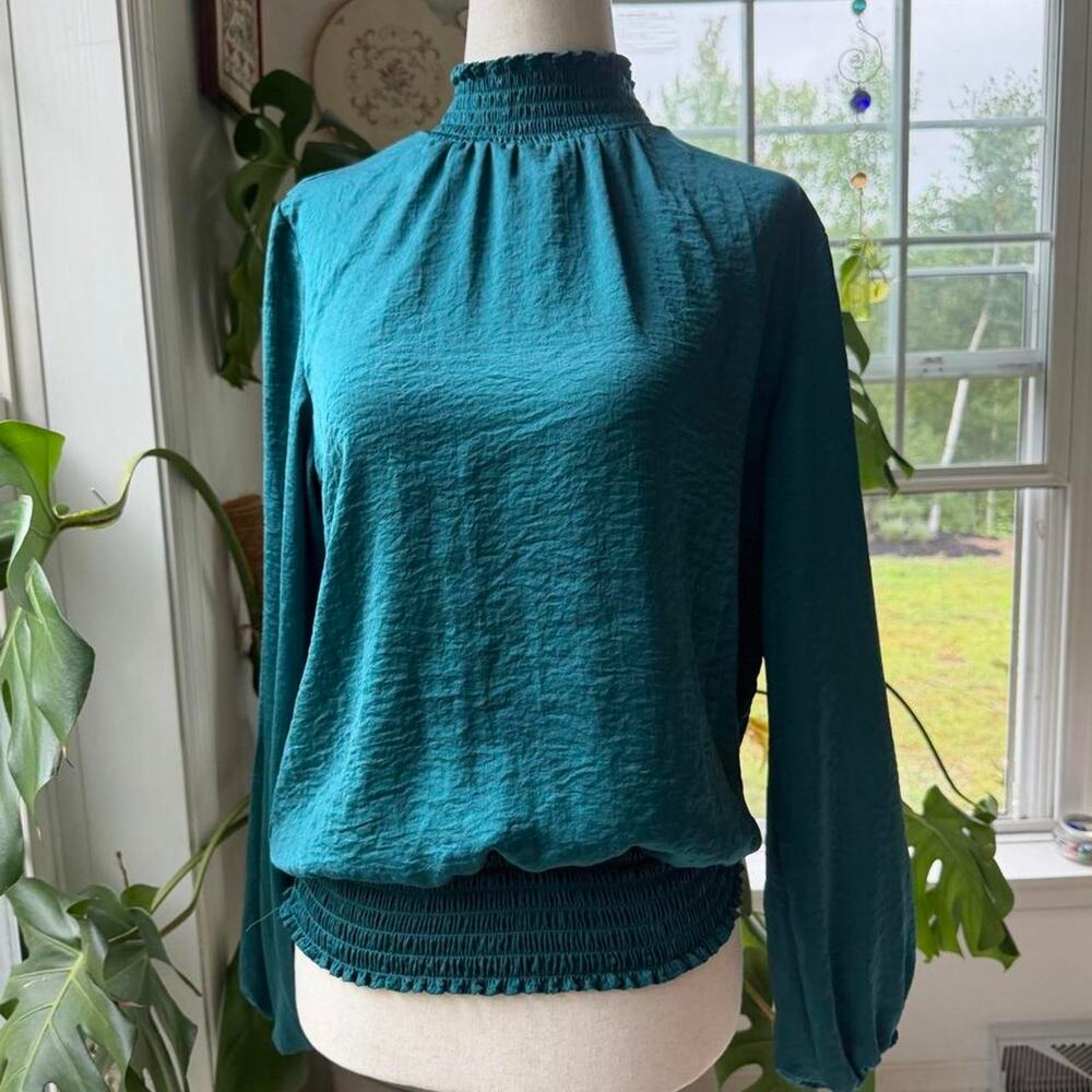 Teal Ruched Blouse with Balloon Sleeves Small